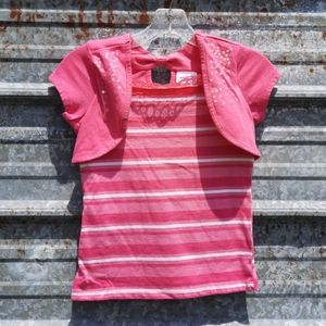 Striped Decorative Sequin Lace Neck Keyhole Back Shirt